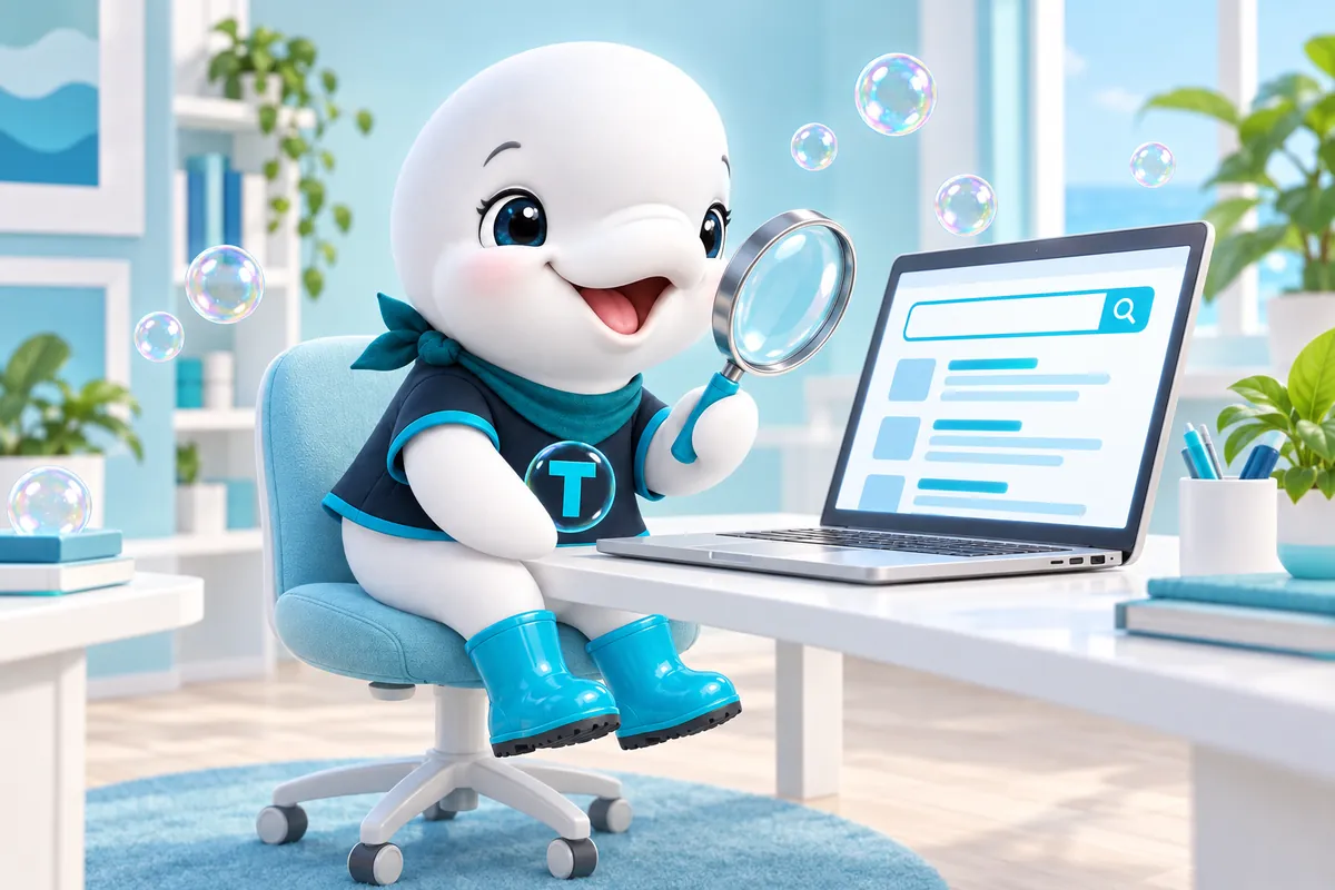 Twinkle the beluga mascot looking through a magnifying glass at search results on a laptop
