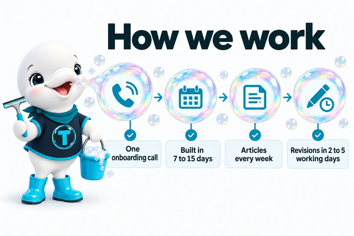 How we work: one onboarding call, built in 7 to 15 days, articles every week, revisions in 2 to 5 working days, each step inside a soap bubble Twinkle blows.