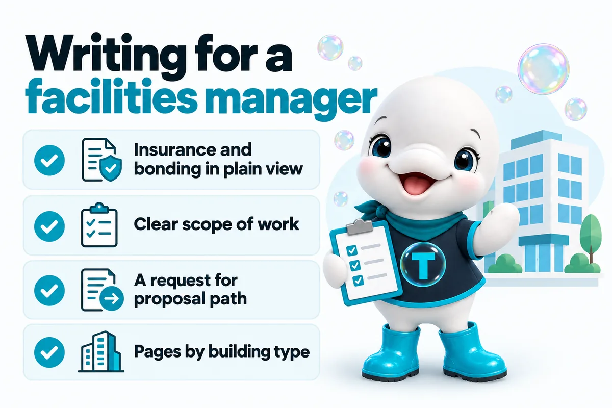 Twinkle the beluga mascot with key takeaways: writing for a facilities manager, insurance and bonding in plain view, clear scope of work, a request for proposal path, pages by building type