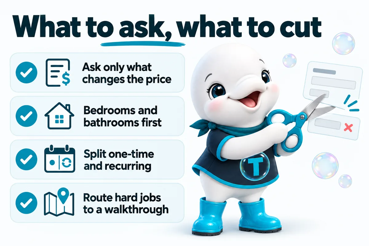 Twinkle the beluga mascot with key takeaways: what to ask, what to cut, ask only what changes the price, bedrooms and bathrooms first, split one-time and recurring, route hard jobs to a walkthrough