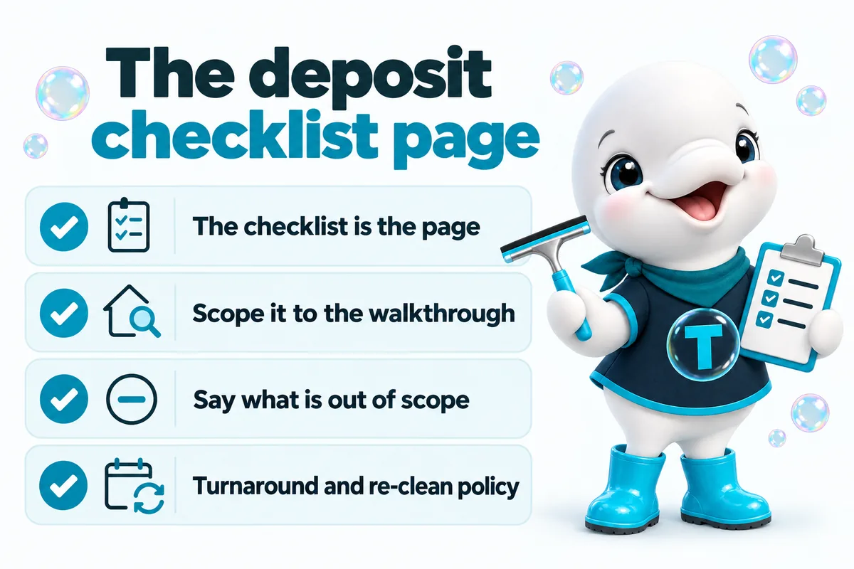Twinkle the beluga mascot with key takeaways: the deposit checklist page, the checklist is the page, scope it to the walkthrough, say what is out of scope, turnaround and re-clean policy