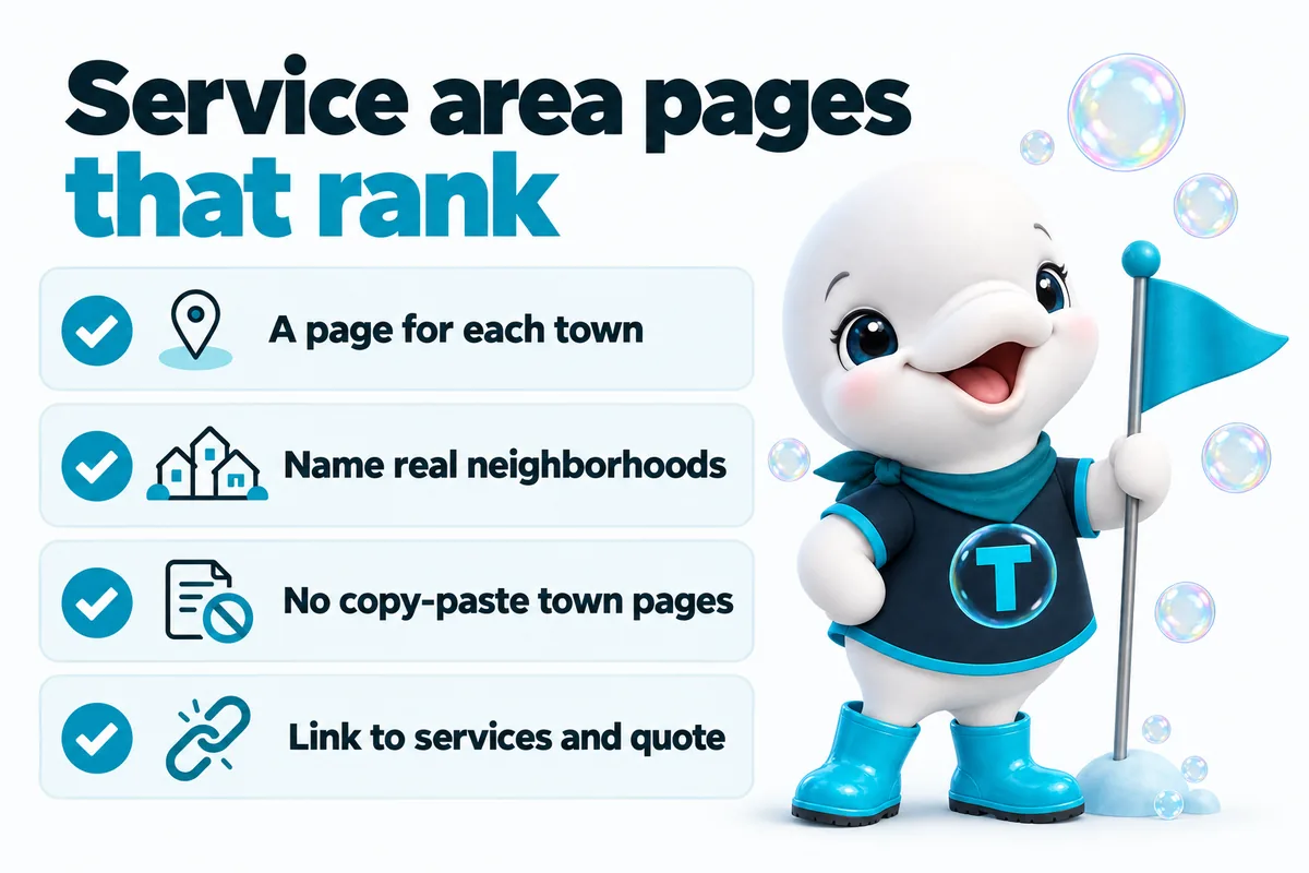 Twinkle the beluga mascot with key takeaways: service area pages that rank, a page for each town, name real neighborhoods, no copy-paste town pages, link to services and quote