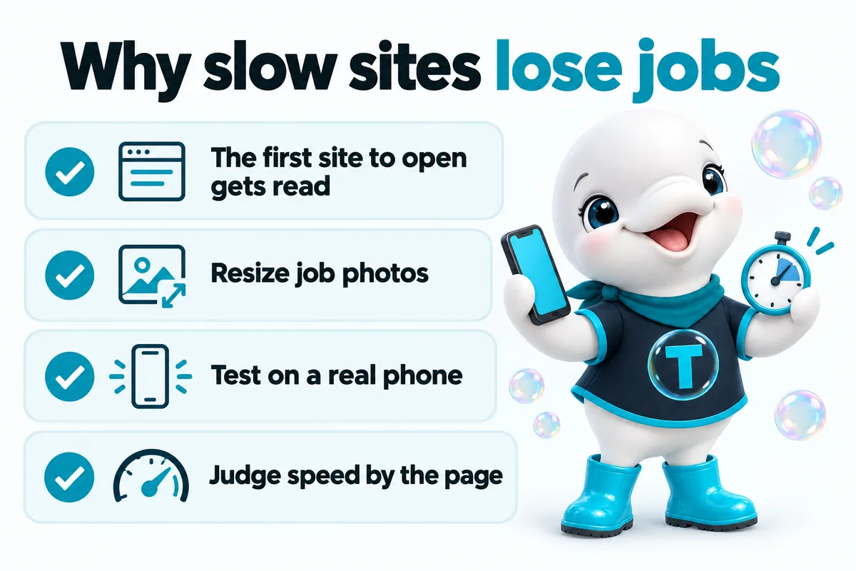 Twinkle the beluga mascot with key takeaways: why slow sites lose jobs, the first site to open gets read, resize job photos, test on a real phone, judge speed by the page