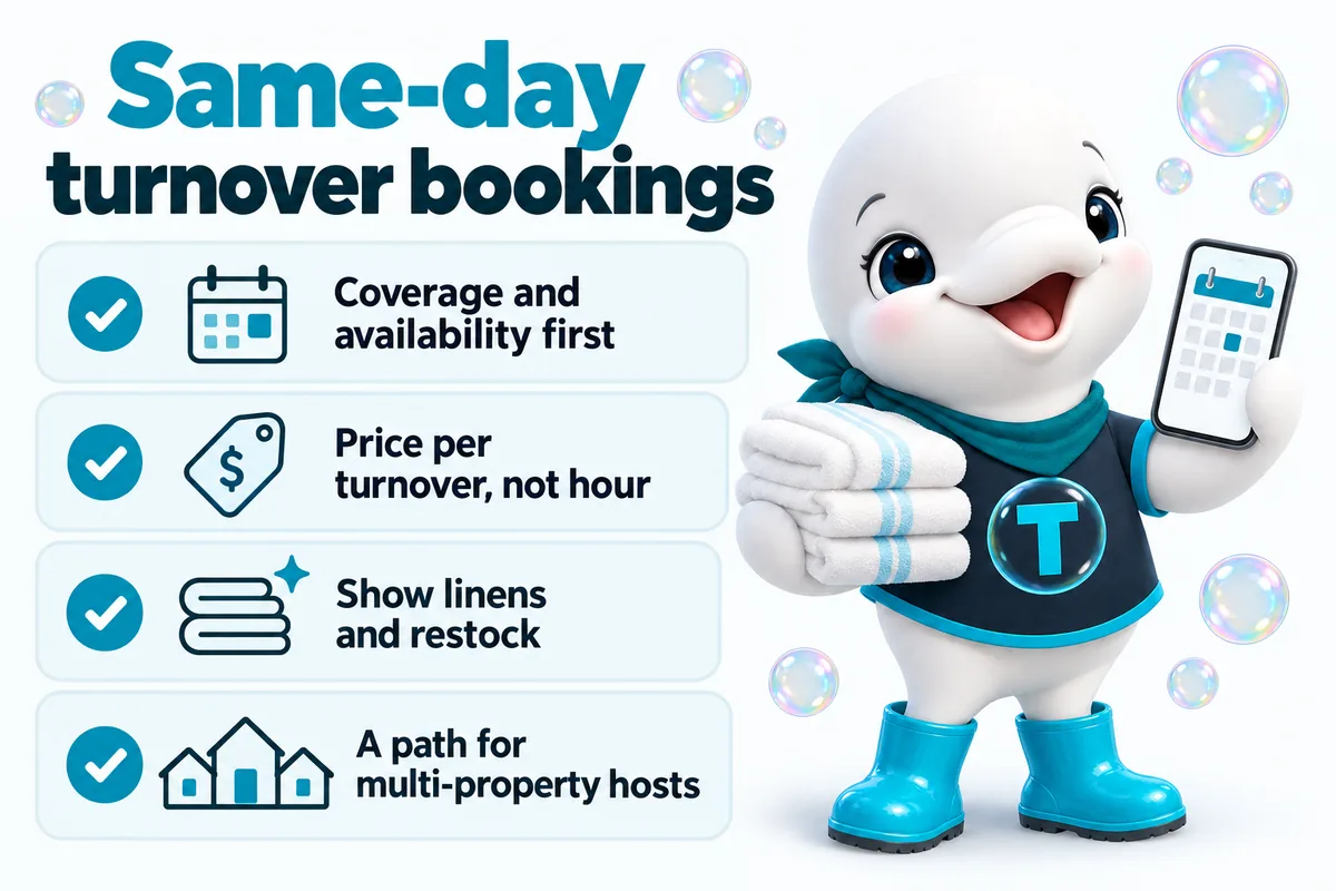 Twinkle the beluga mascot with key takeaways: same-day turnover bookings, coverage and availability first, price per turnover not per hour, show linens and restock, a path for multi-property hosts