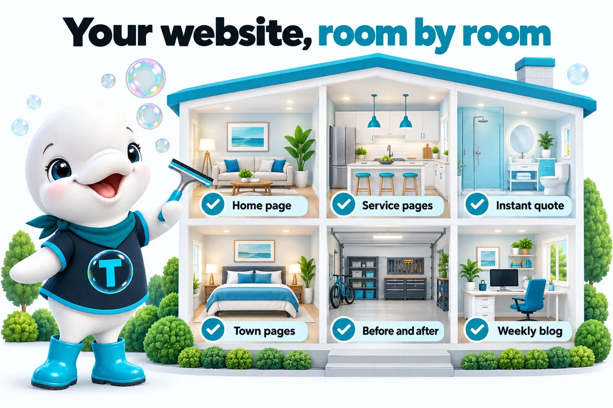 Your website, room by room: the living room is the home page, the kitchen the service pages, the bathroom the instant quote, the bedroom the town pages, the garage the before and after gallery, and the home office the weekly blog.