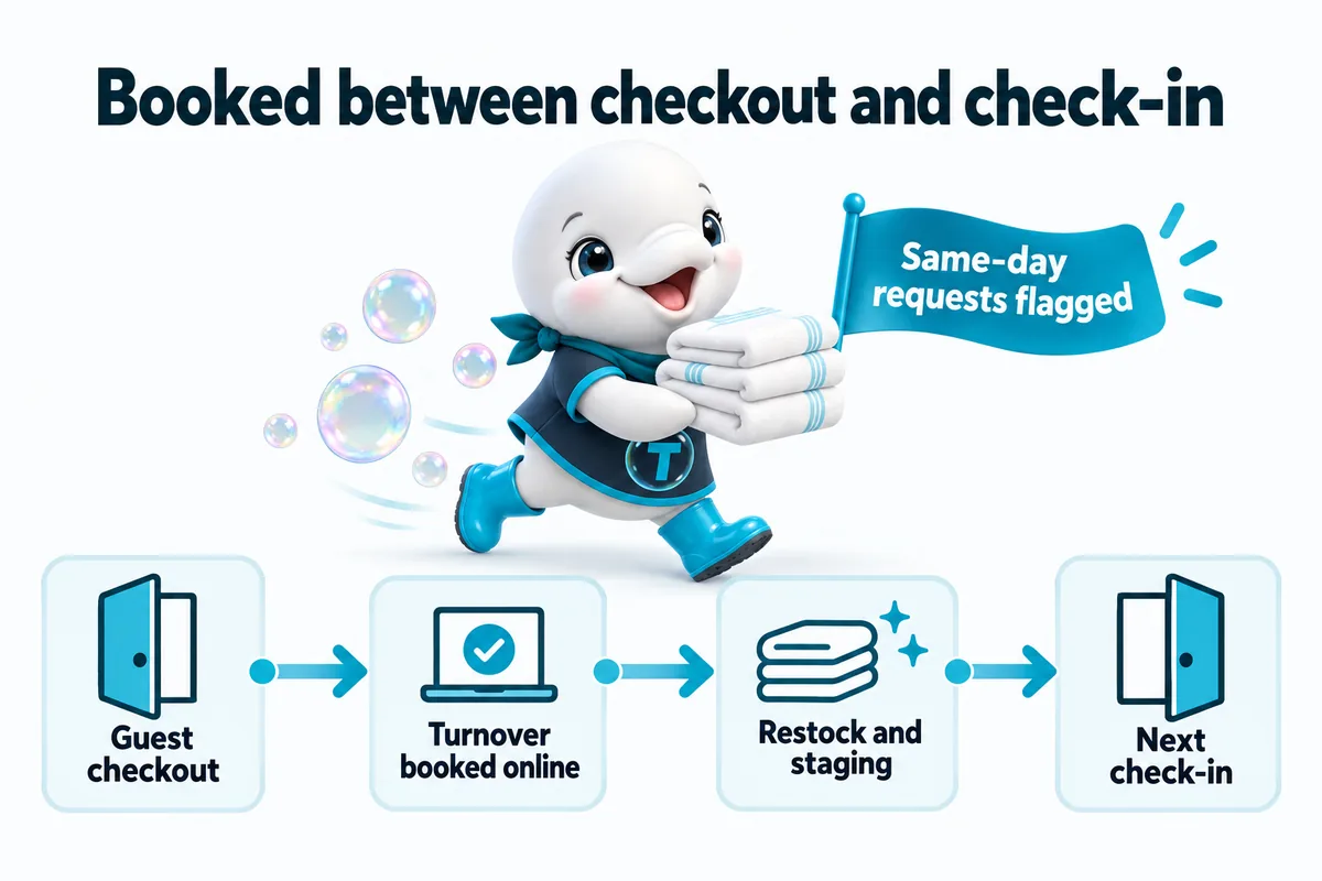 Booked between checkout and check-in: guest checkout, turnover booked online, restock and staging, next check-in. Same-day requests flagged.