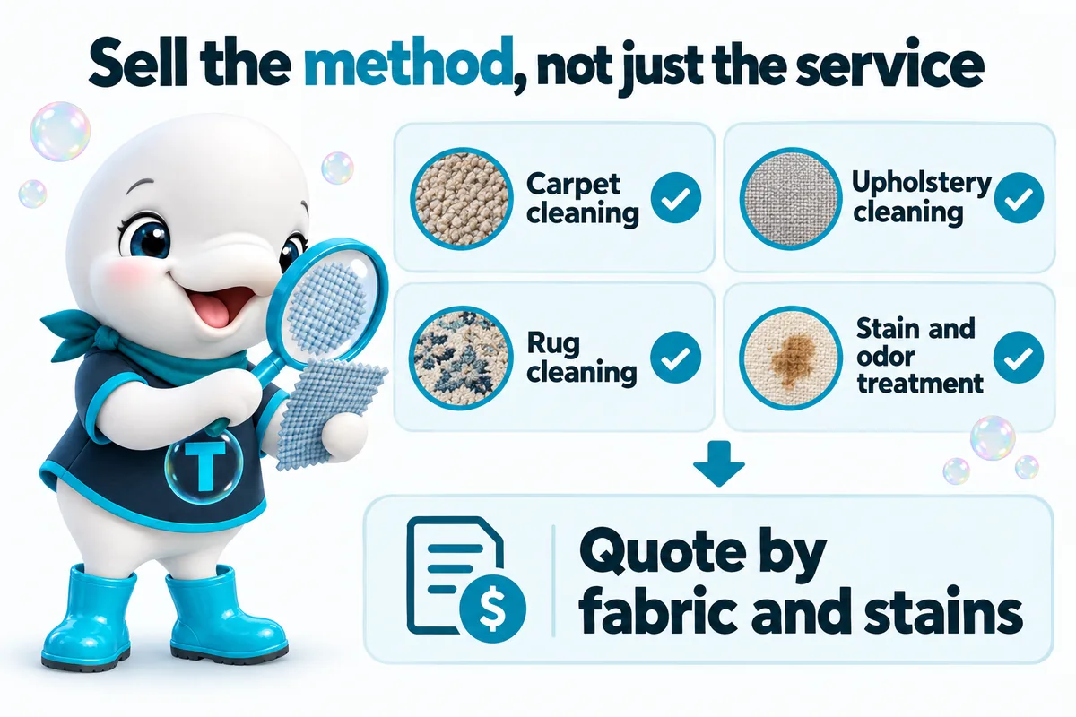 Sell the method, not just the service: carpet cleaning, upholstery cleaning, rug cleaning, stain and odor treatment, and a quote by fabric and stains.