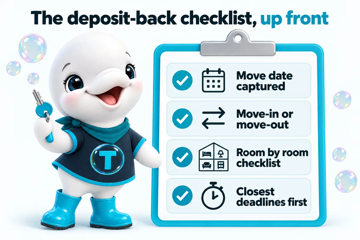 The deposit-back checklist, up front: move date captured, move-in or move-out, room by room checklist, closest deadlines first.