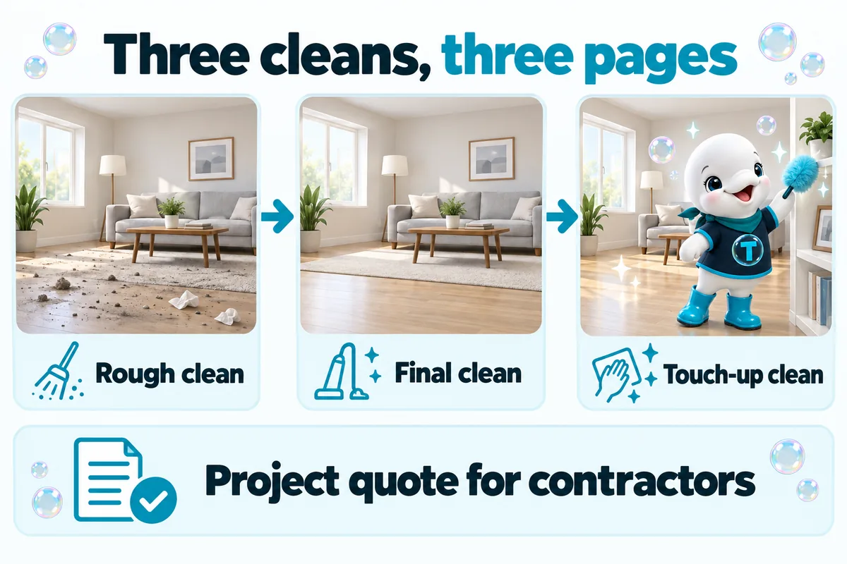 Three cleans, three pages: rough clean, final clean, touch-up clean, plus a project quote for contractors.