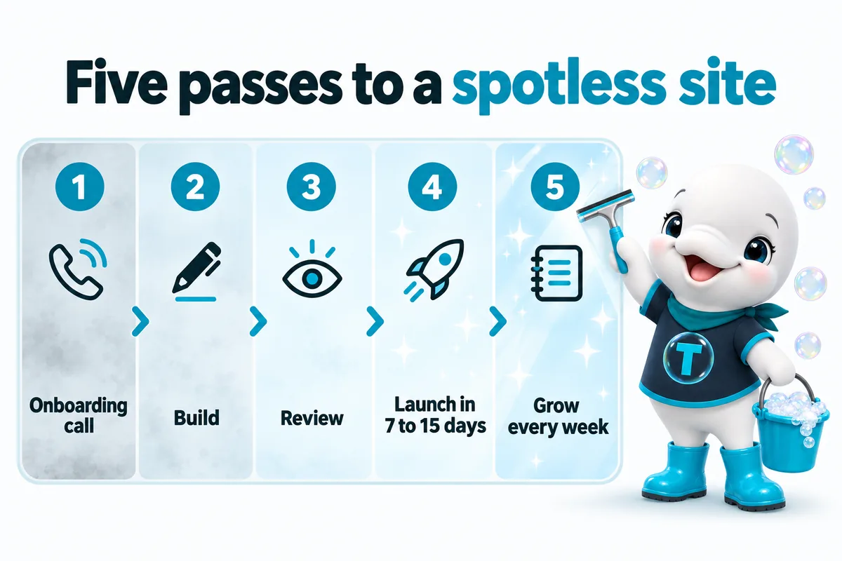 Five passes to a spotless site: 1 onboarding call, 2 build, 3 review, 4 launch in 7 to 15 days, 5 grow every week, drawn as a window Twinkle squeegees clean stripe by stripe.