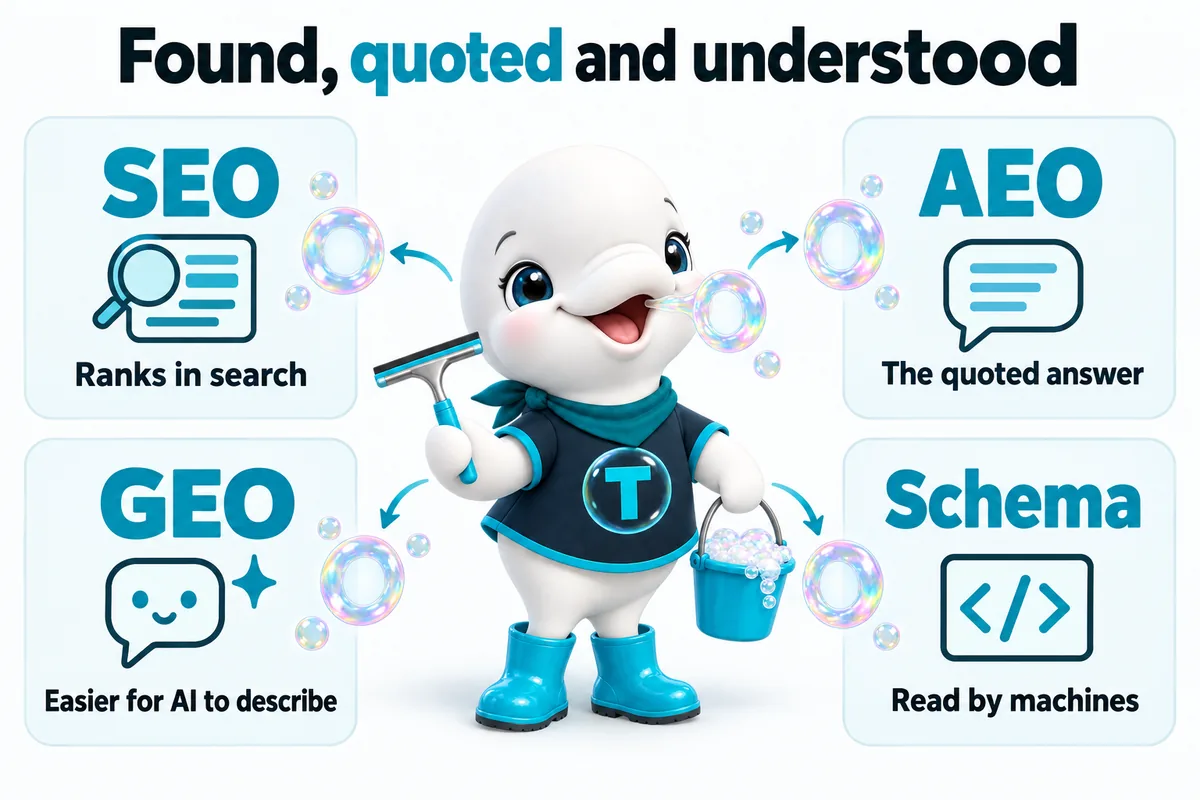 Found, quoted and understood. SEO: ranks in search. AEO: the quoted answer. GEO: easier for AI to describe. Schema: read by machines. Twinkle blows a bubble ring toward each one.