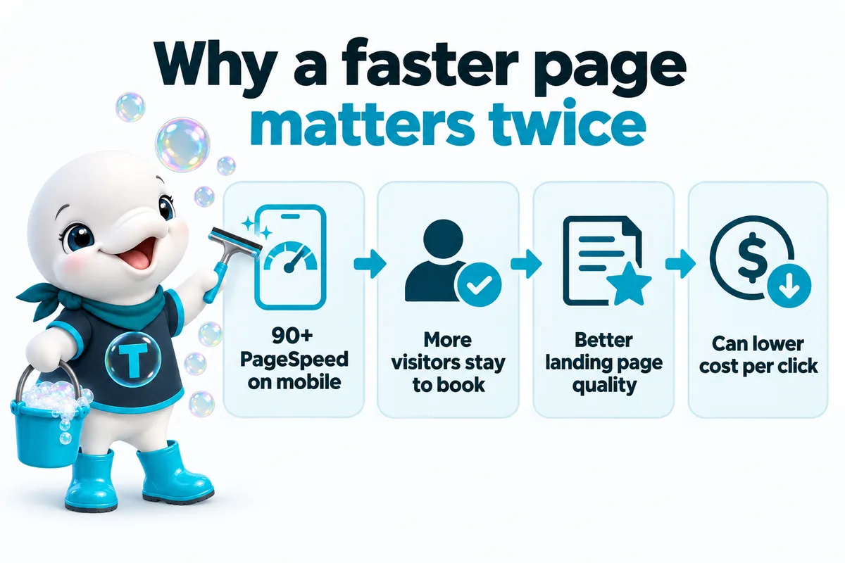 Why a faster page matters twice: 90+ PageSpeed on mobile, then more visitors stay to book, then better landing page quality, which can lower cost per click. Twinkle polishes the phone with her squeegee.