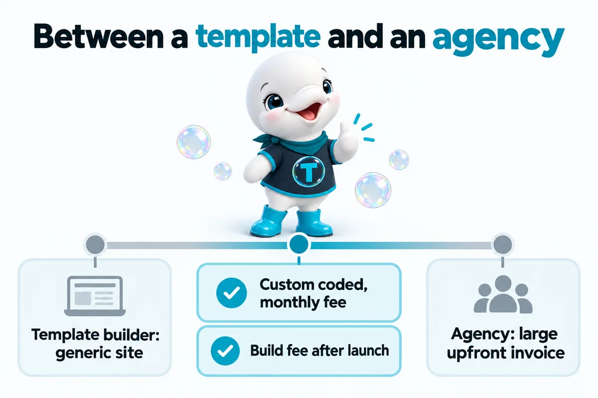 Between a template and an agency. Template builder: generic site. Agency: large upfront invoice. This offer: custom coded, monthly fee, build fee after launch.