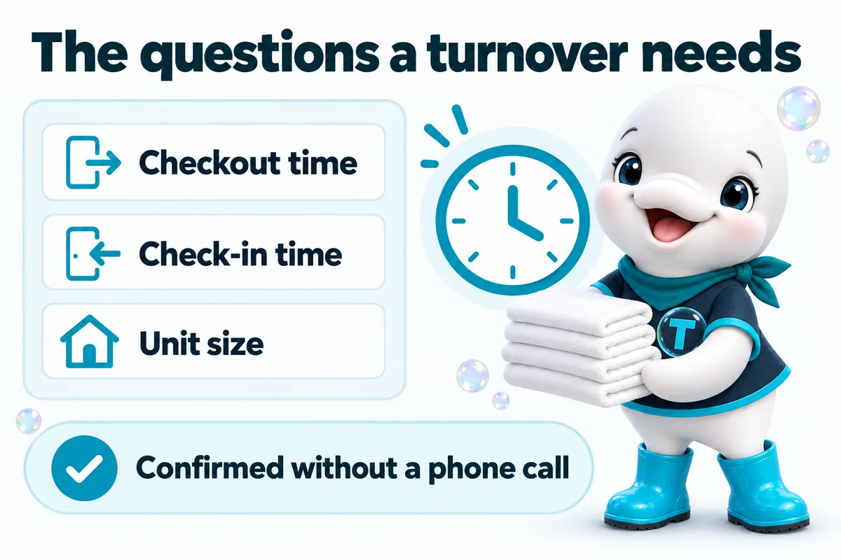 The questions a turnover needs: checkout time, check-in time, unit size. Confirmed without a phone call.