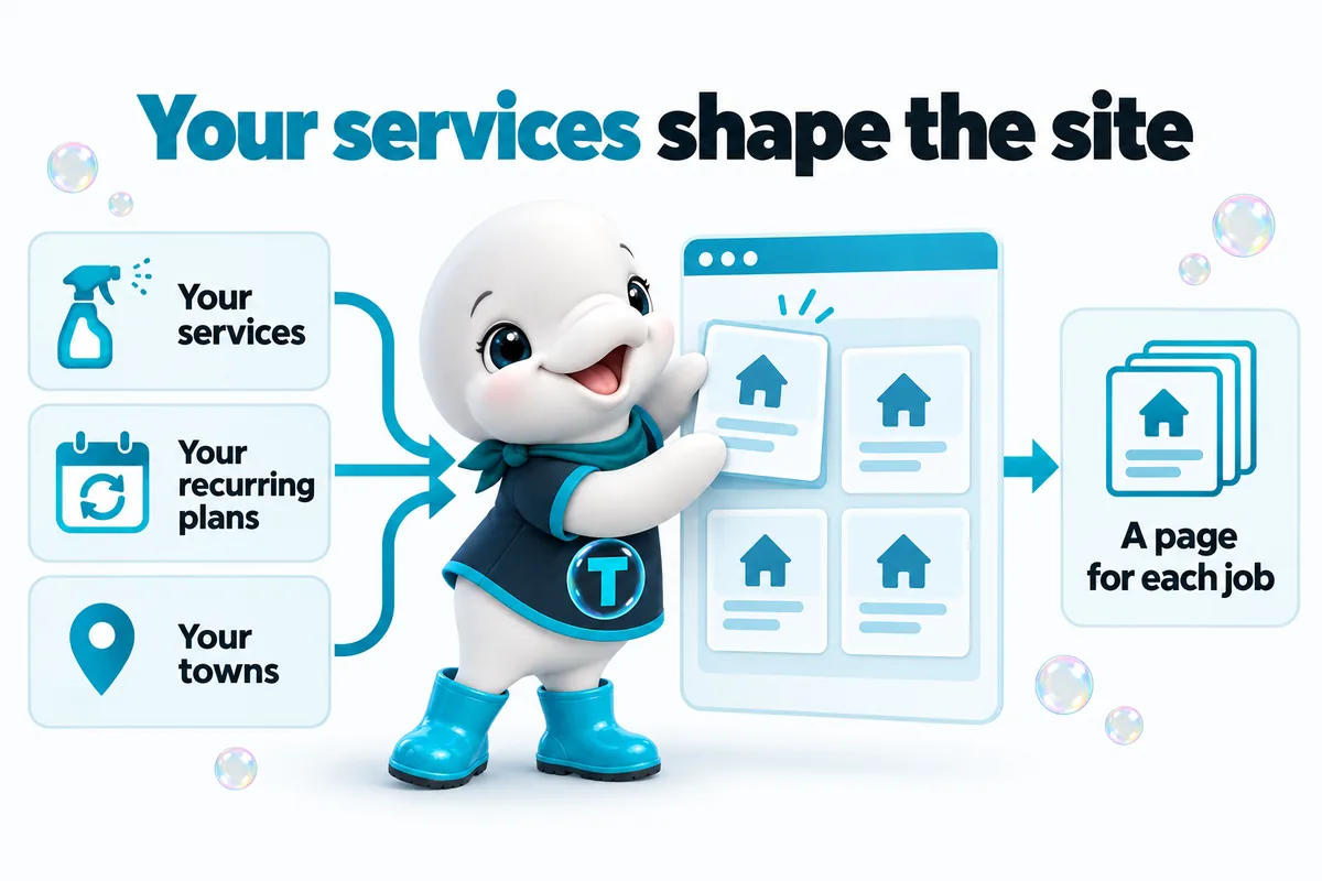 Your services shape the site: your services, your recurring plans and your towns feed one page structure, with a page for each job.