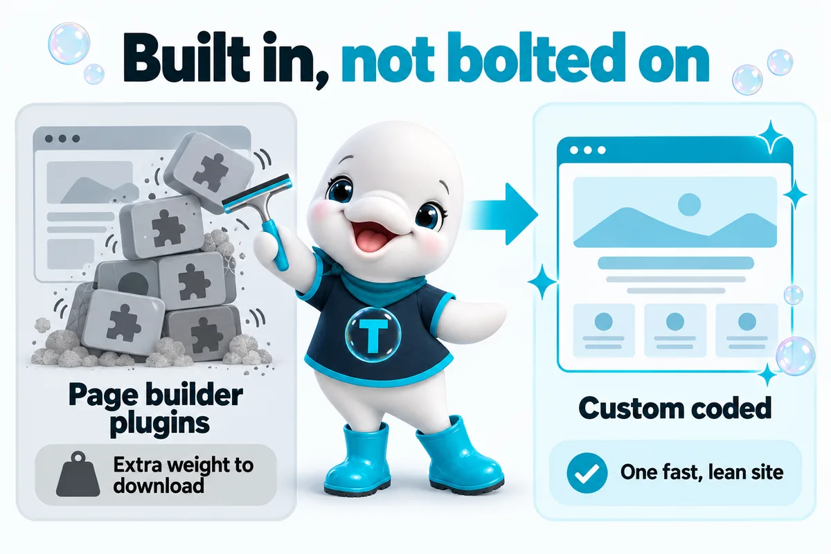 Built in, not bolted on. Before: page builder plugins, extra weight to download. After: custom coded, one fast, lean site.