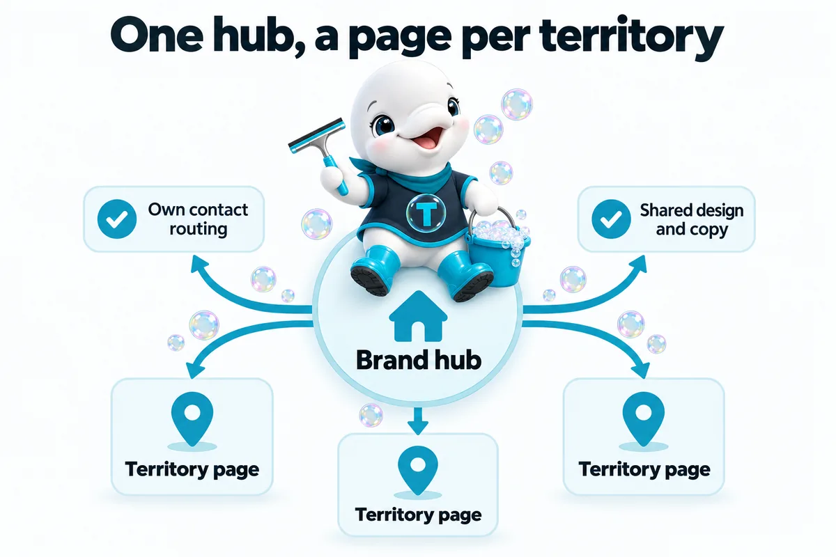 One hub, a page per territory: a brand hub linked to territory pages, each with its own contact routing and shared design and copy.