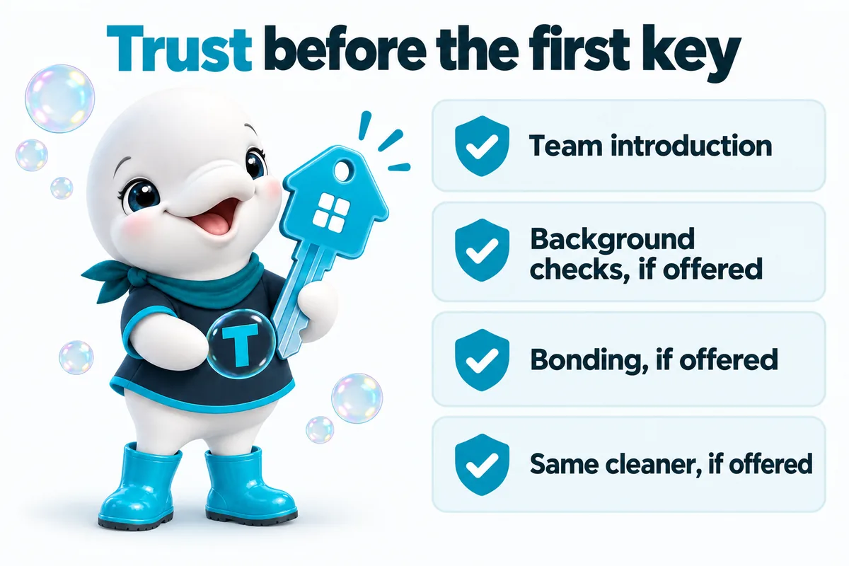 Trust before the first key: team introduction, background checks if offered, bonding if offered, same cleaner if offered.
