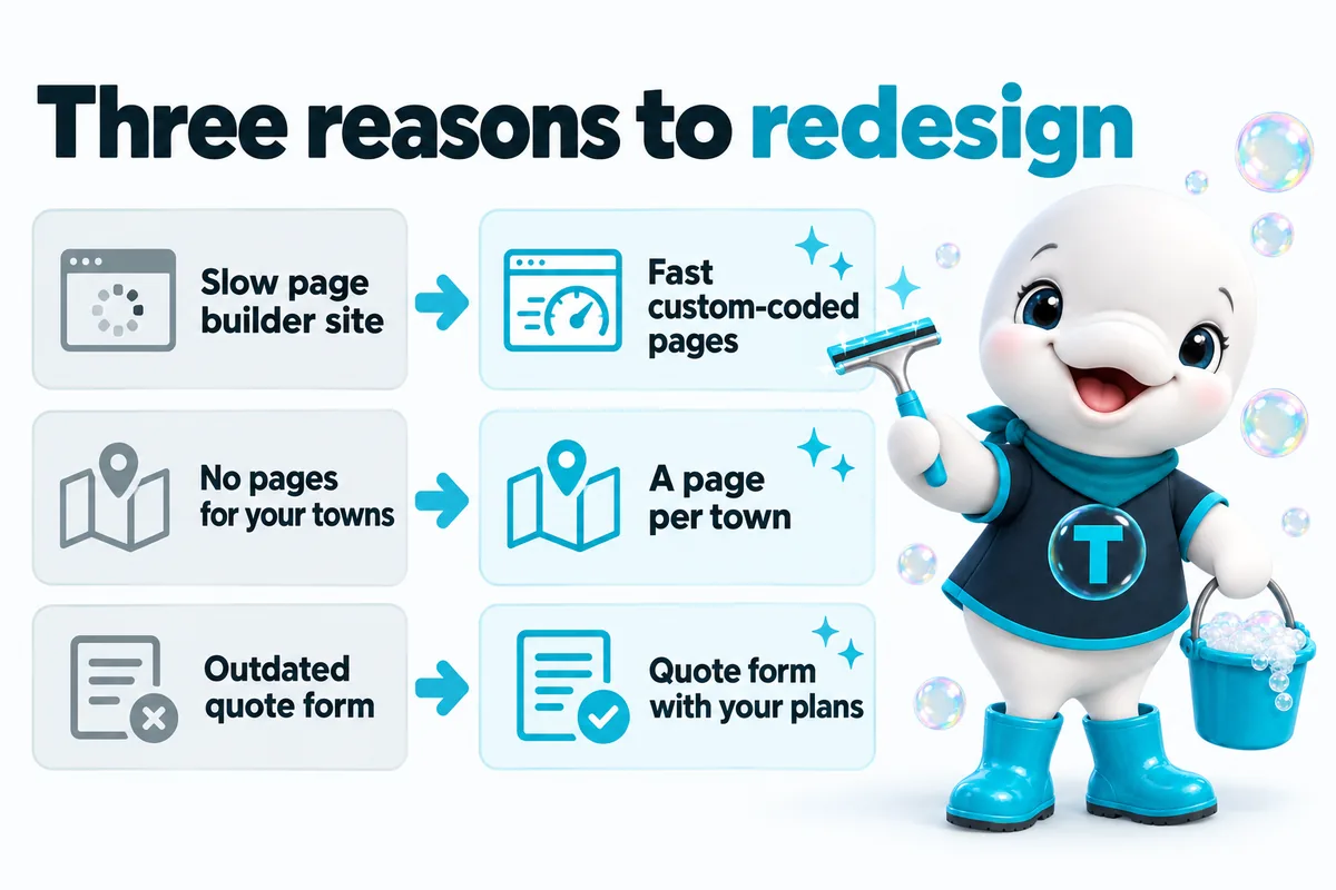 Three reasons to redesign: a slow page builder site becomes fast custom-coded pages, no pages for your towns becomes a page per town, an outdated quote form becomes a quote form with your plans.