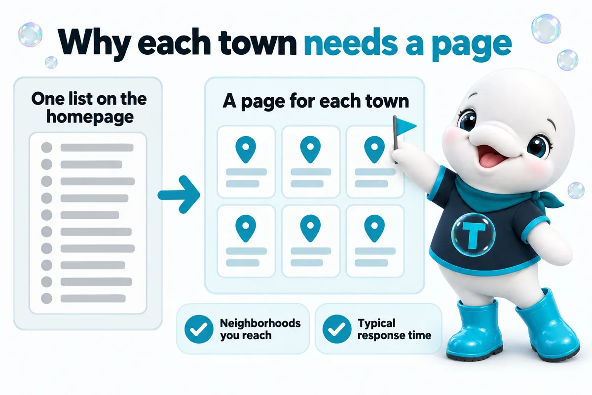 Why each town needs a page: one list on the homepage versus a page for each town, naming the neighborhoods you reach and the typical response time.