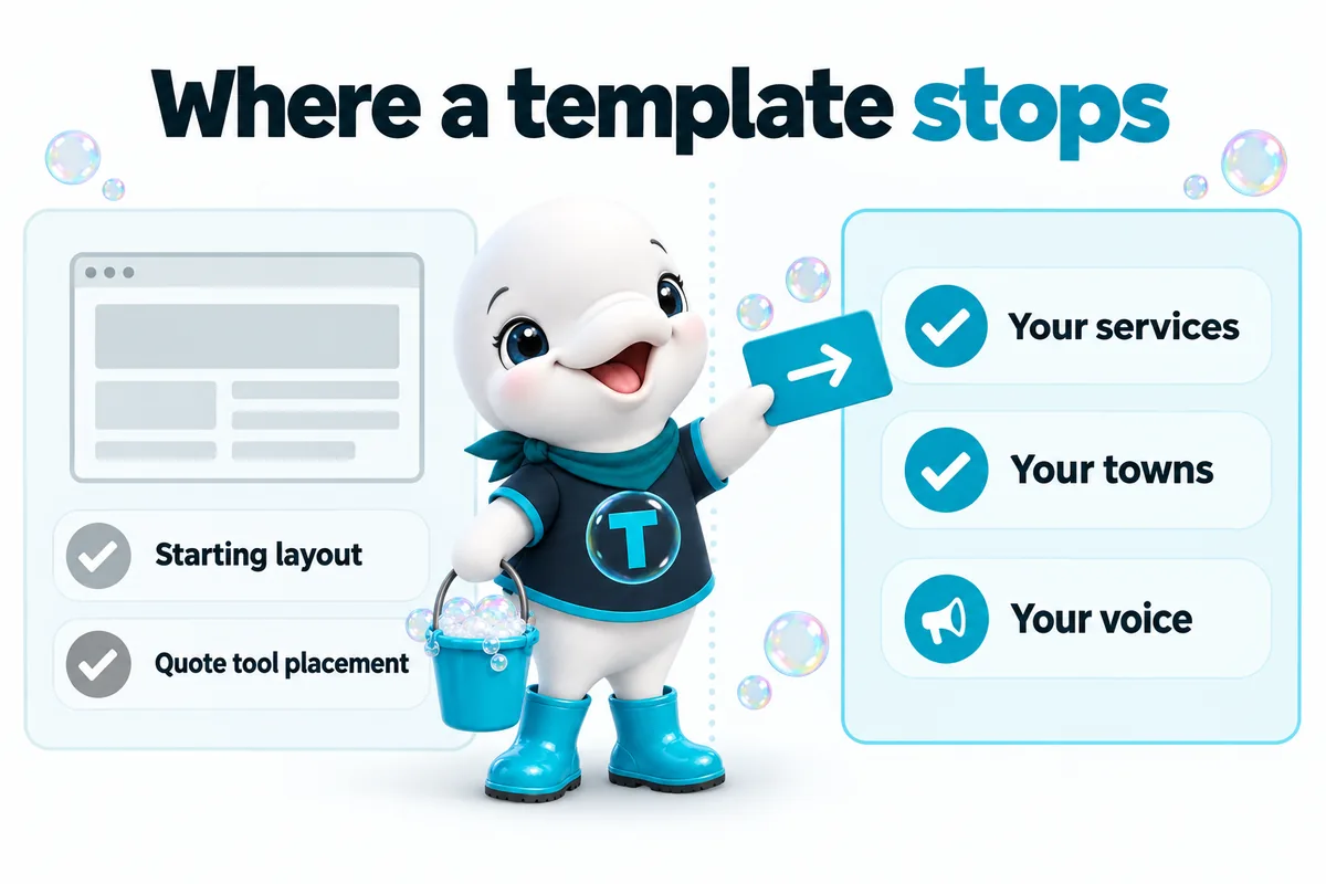 Where a template stops. A template gives the starting layout and quote tool placement; your services, your towns and your voice finish it.