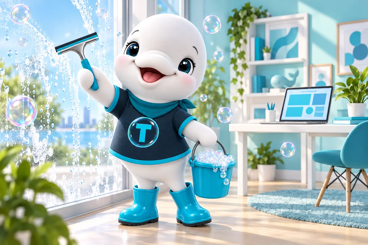 Twinkle the beluga mascot squeegeeing a window in a small, bright design studio