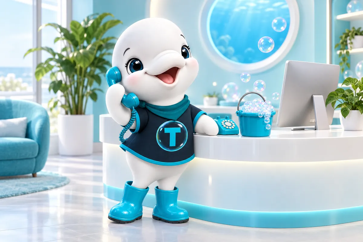 Twinkle the beluga mascot answering a phone at a tidy reception desk