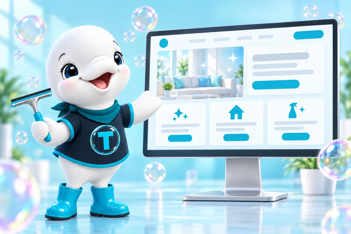 Twinkle the beluga mascot presenting a cleaning company website on a large screen