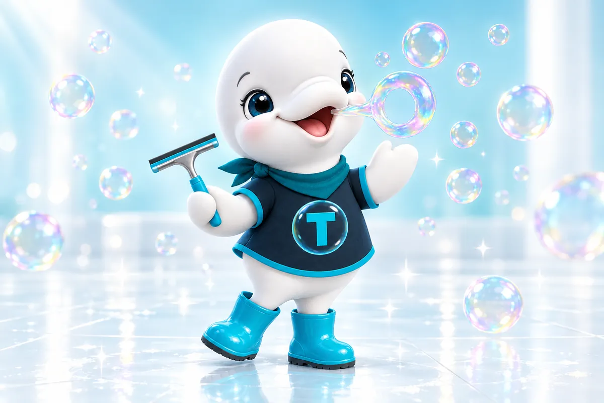 Twinkle the beluga mascot waving and blowing a ring of soap bubbles, squeegee in hand