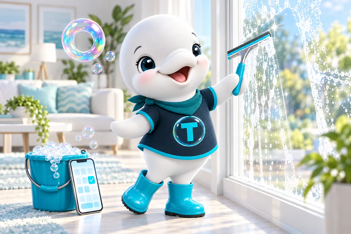 Twinkle the beluga mascot squeegeeing a sparkling living room window while a phone propped on her bubble bucket shows a newly booked job on its calendar